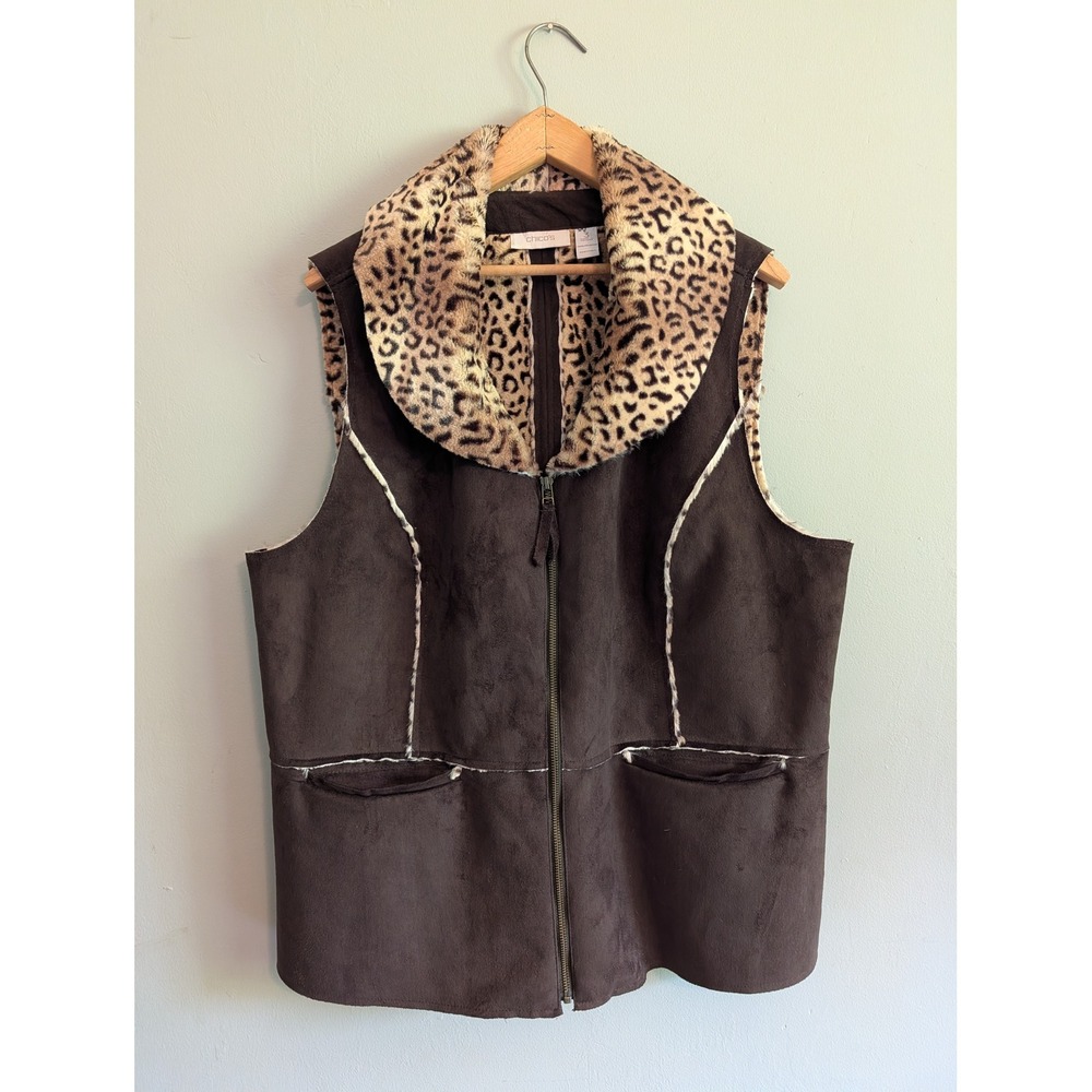 Chicos Faux Suede Leopard Fur Trim Vest Brown Zip Front Size 3 XL 1N108222